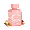 Badee-al-oud-noble-blush-perfume-bottle-surrounded-with-almond-and-vanilla-against-white-background